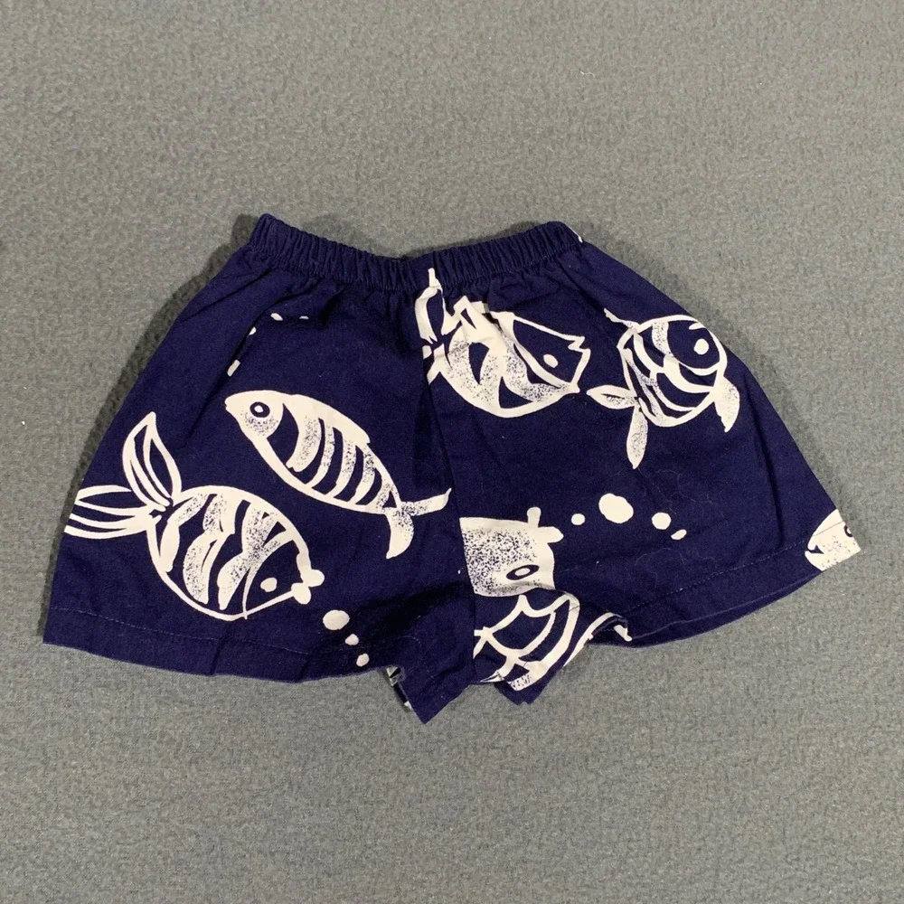 Vintage‎ PJ Lindberg Kids 12M Navy Blue Fish Print Shirt and Shorts Set USA Made